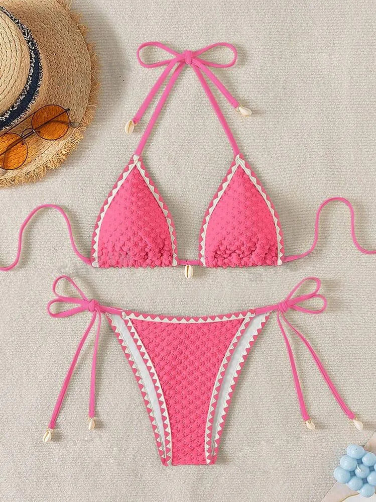 Sexy Halter Wrinkled Weave Bikini Set Shell Designer Swimsuit Women Push Up Micro Bikinis Summer Bathing Suit Swim Beach Wear