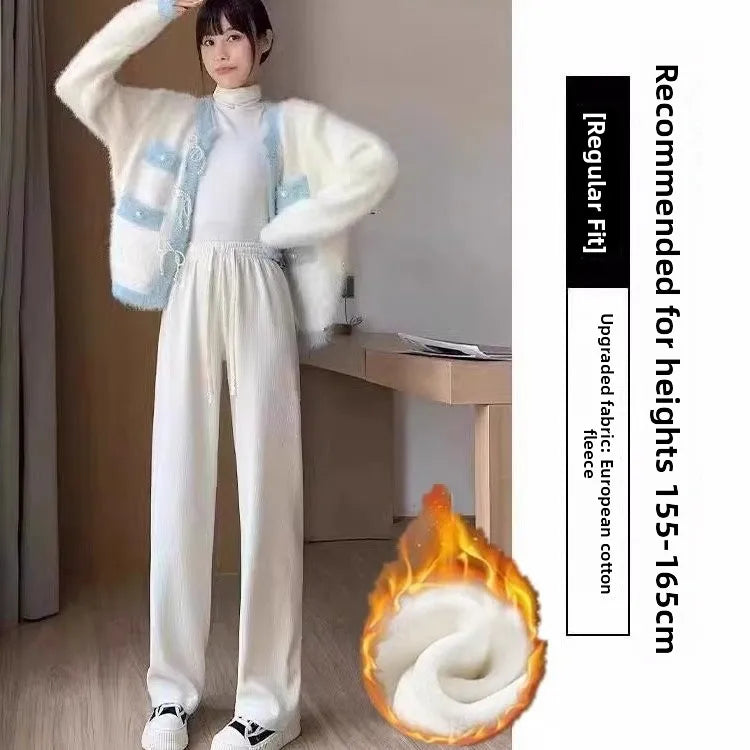 High Waist Wide Leg Pants Women's Autumn Winter Flannel Fce Lined Straight Cut Trousers Casual High Waist Pants