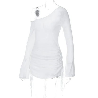ALLNeon Fairycore White Perspective Oblique Shoulder Long Sleeve Mini Dress Hotsweet Shirring Hipster Dresses Sexy Clubwear Y2K
