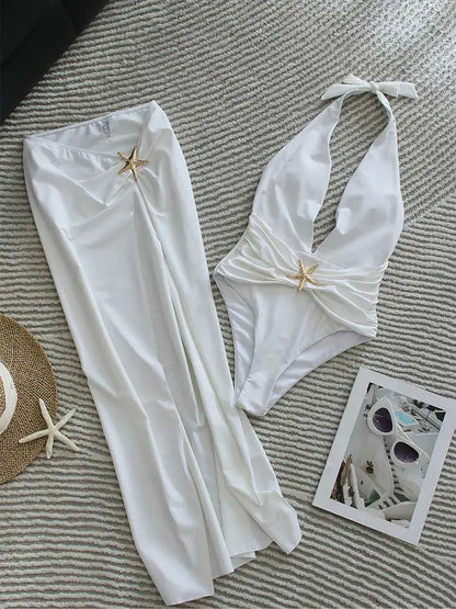 Starfish One Piece Bathing Suits with High Split Skirt Cover ups 2 Piece Swimsuits for Elegant Women Sexy Halter Bikini Sets K59