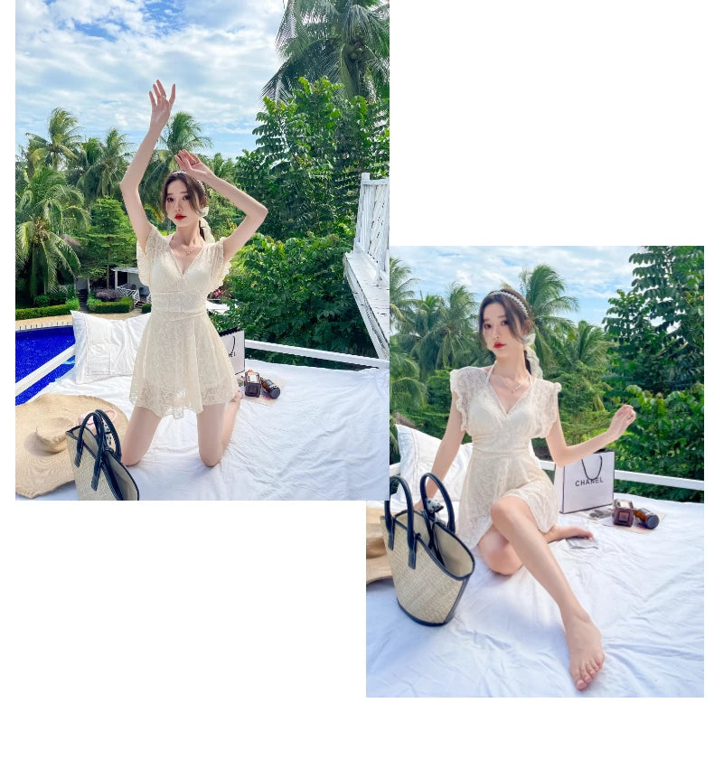 Ele Lace One-Piece Swimsuit Women's High Waist Brief Svel Slimming Thermal Bathing Suit Casual  Color Swimwear