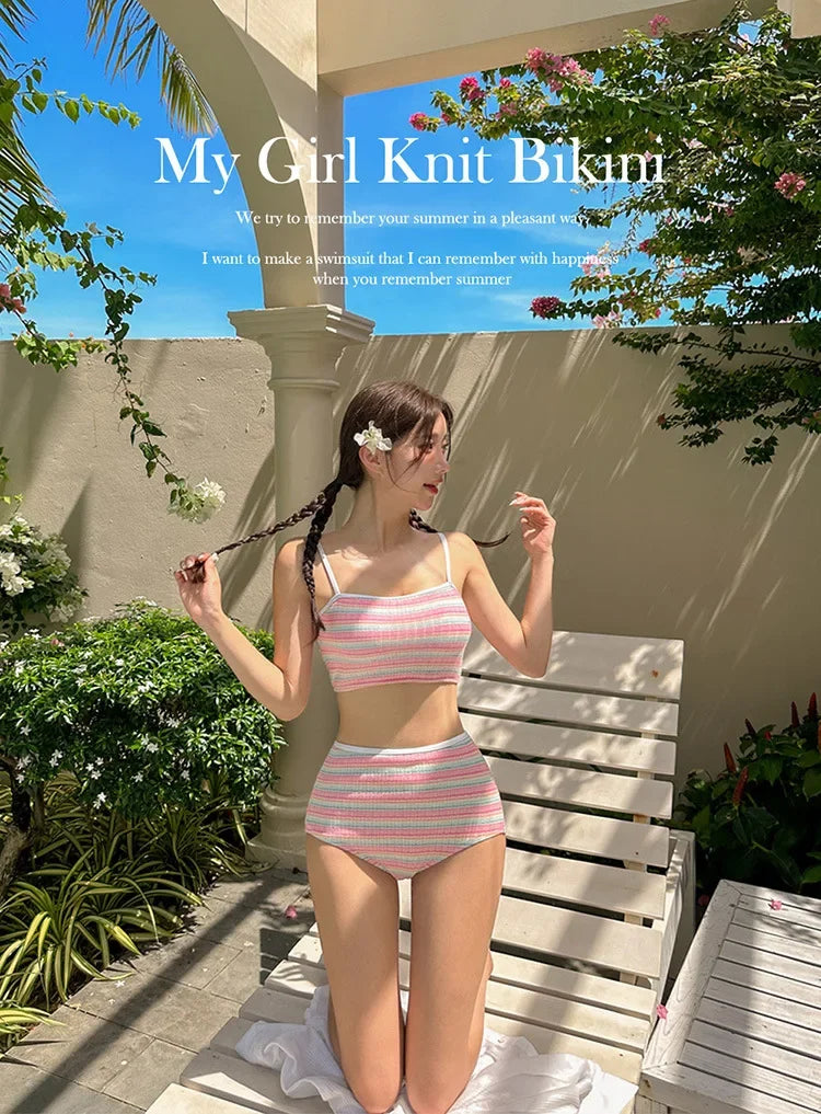 Retro Striped Bikini Set Women's Fresh Style Skirt Type Separate Swimming Suits Chinese Brand Summer Beachwear Swimwear