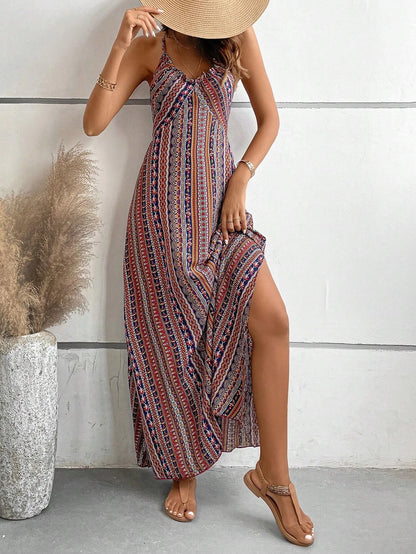Women's Summer Ethnic Pattern Backless Split Thigh Dress Ladies Summer Clothes Boho Fashion Frill Trim Long Dress for Beach