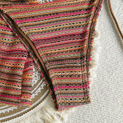 sexy knitted striped halter tie bikinis sets three pieces with shorts swimsuits beachwear bathing suit swimwear biquini tankini