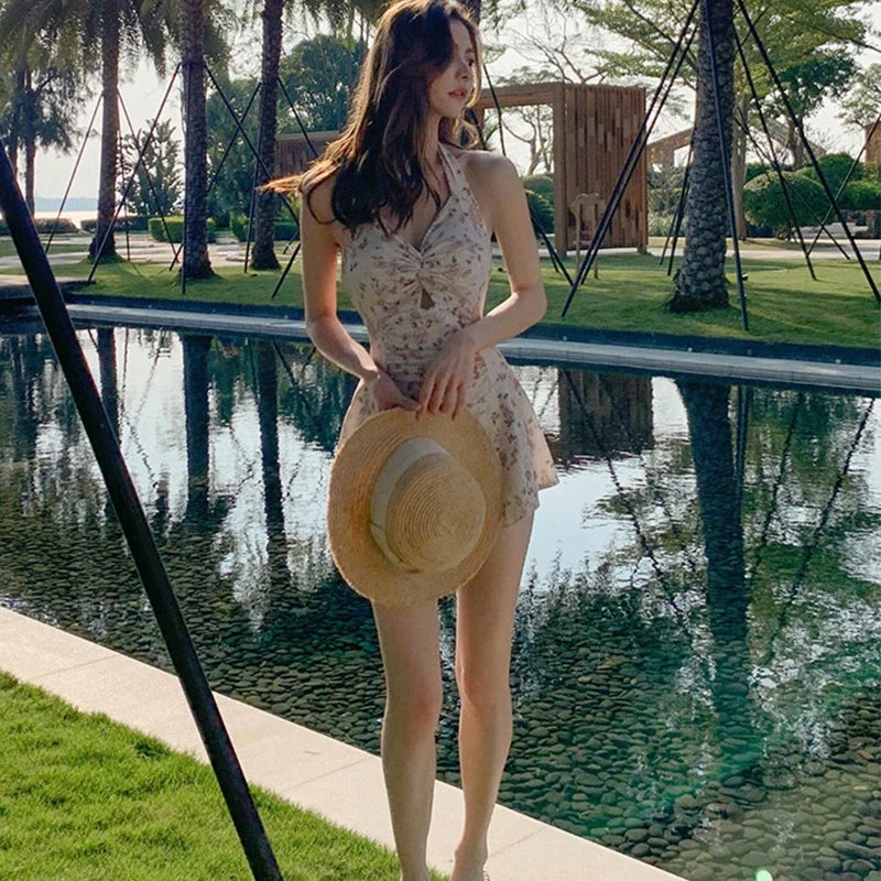 Cute Women Hanging Neck Sweet Swimwear Sexy One-piec Beach Wear Swim Suit Beach Dress Swimsuit High Waist Bathing Suit for Girls