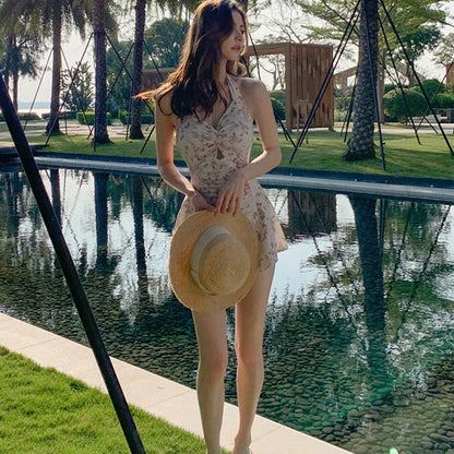 Cute Women Hanging Neck Sweet Swimwear Sexy One-piec Beach Wear Swim Suit Beach Dress Swimsuit High Waist Bathing Suit for Girls