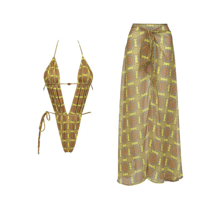 2025 New High Quality Elegant One Piece Swimsuit And Skirt Print Deep-V Lace-up Women Bikini Set Swimwear Party Bathing Suit