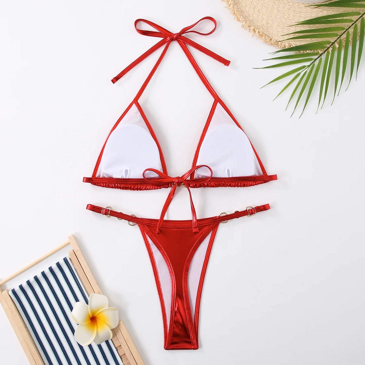 Shiny Pink Micro Bikini 2025 Mujer Women Sexy PU Pearls Push Up Thong Swimsuit Summer Bathing Suit Bandage Holiday Swimwear