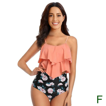 8 Colors Women Ruffled Tankini Set Padded Top With Adjustable Shoulder Straps Elastic Slim Knitted High Waisted Beachwear 2025