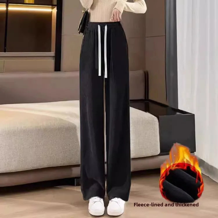 High Waist Wide Leg Pants Women's Autumn Winter Flannel Fce Lined Straight Cut Trousers Casual High Waist Pants