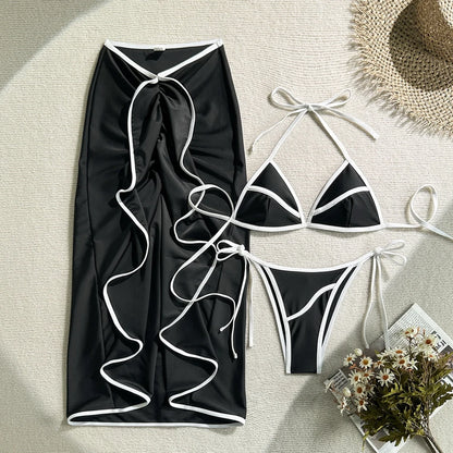 Para Praia Print Three Pieces Bikini Set with Long Skrit 2025 Swimwear Women Sexy Swimsuit Beachdress Bathing Suit Outfits