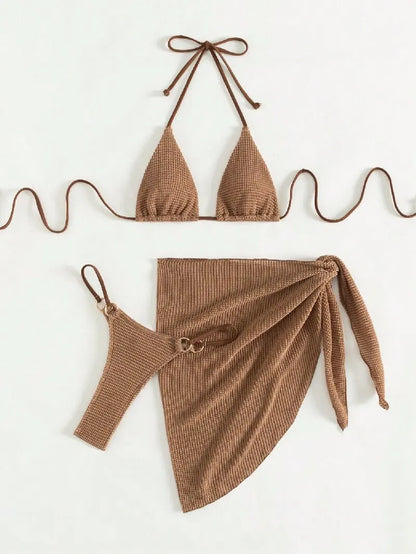 Sexy Brown Bikini Set 2025 Women Halter Push Up Bra Skirt 3 Piece Swimsuit Summer Bathing Suit Cover Up Thong Swimwear Biquini