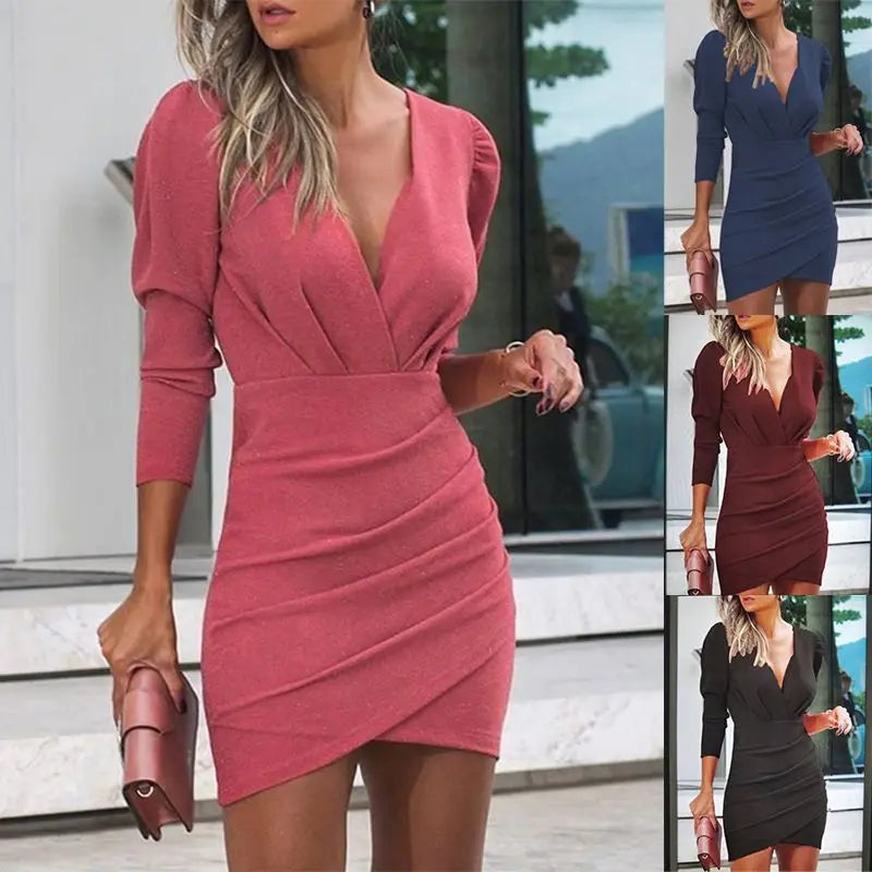 Women's Sexy Mini Dresses Spring Autumn V-Neck Long Sleeved Slim Dress Solid Color Pleated Party Dress Vestidos Cortos