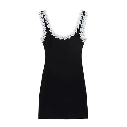 HH Female Summer Sexy Slim Dress 2 Color Solid Square Collar Sleeveless Backless Flower Decoration Women's Fashion Dresses