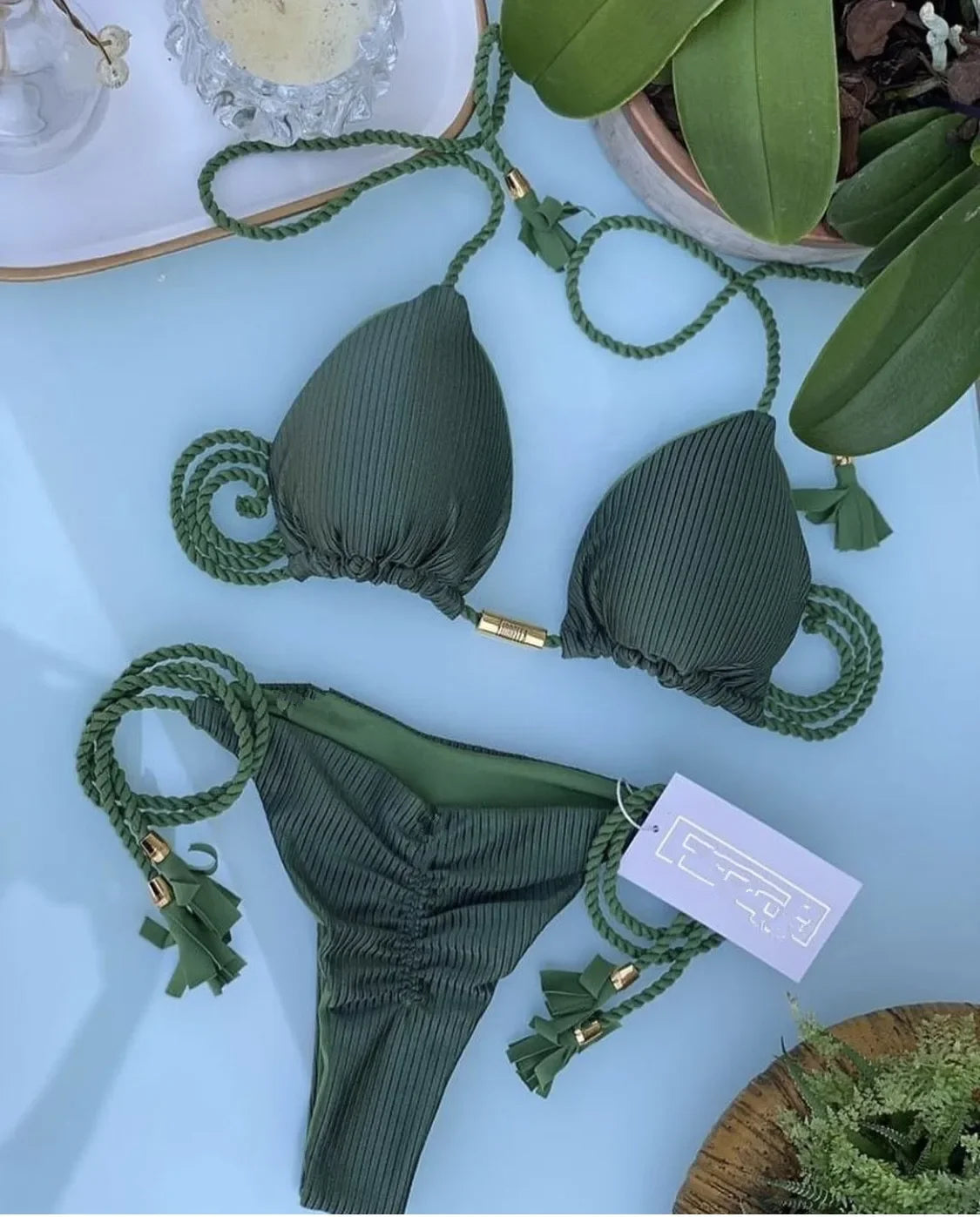 Women's Bikini New Special Fabric Solid Color Rope Swimsuit Multicolor