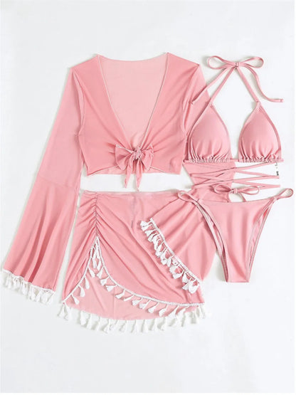 S - XL With Tassel Skirt Long Sleeve Bikini Women Swimwear Female Swimsuit Four-pieces Bikini set Bather Bathing Suit Swim V7060