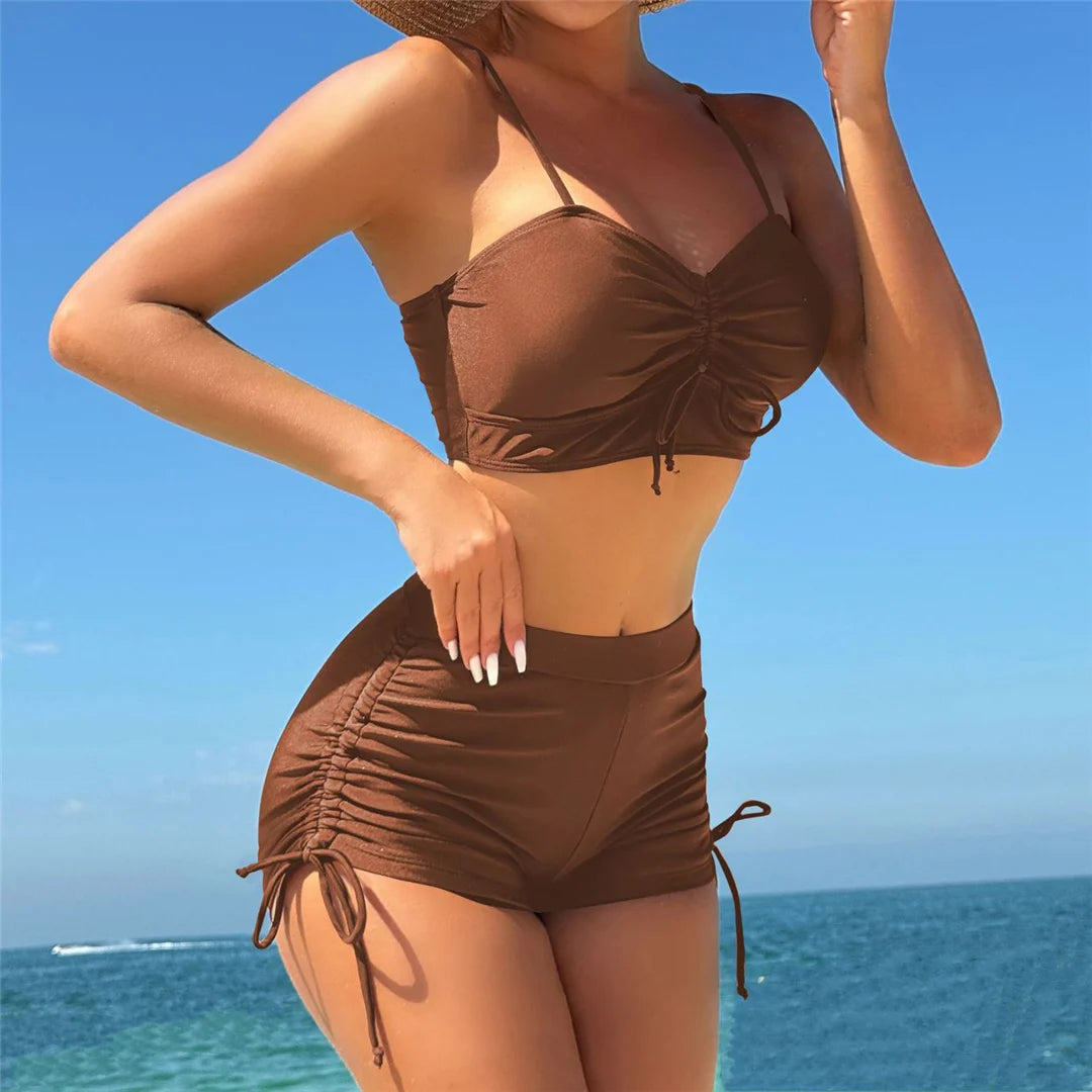 Wrinkled Knotted Shorts High Waist Bikini Female Swimsuit Women Swimwear Two-pieces Bikini set Bather Bathing Suit Swim V6197
