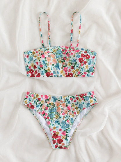 Floral Print Bandeau Bikini Set Off Shoulder Push Up Swimsuit Women Tube Top Bikinis Knot Swimwear 2024 Sexy Summer Bathing Suit