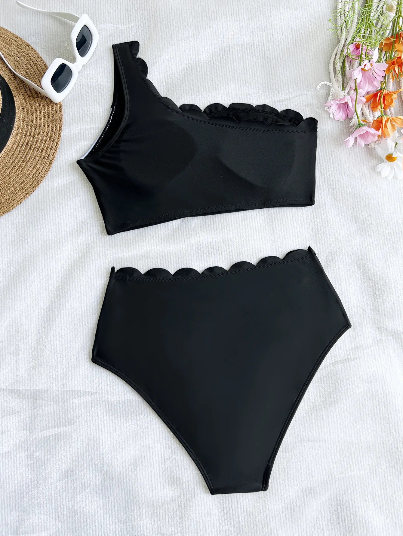Sexy Black White Patchwork Bikini Women Ruffles One Shoulder Push Up High Waist Swimsuit Summer Bathing Suit Vacation Swimwear