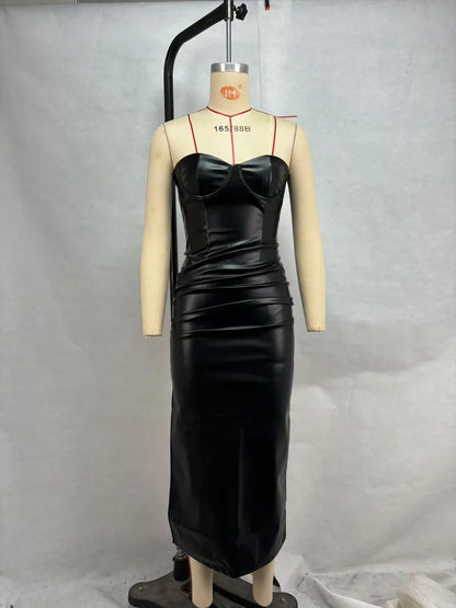 Luxury Leather Strapless Short Dress Chic Womens Summer Sexy Party Waist Curvy Dresses 2025 Evening Red Green Brown Y2K Cocktail