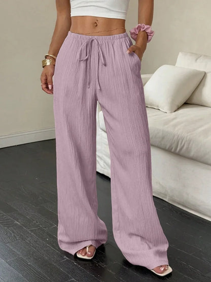 Summer 2025 Women's Casual Solid Color Texture Fabric Waist Belted Side Pocket Wide Leg Pants New Cross-Border Style