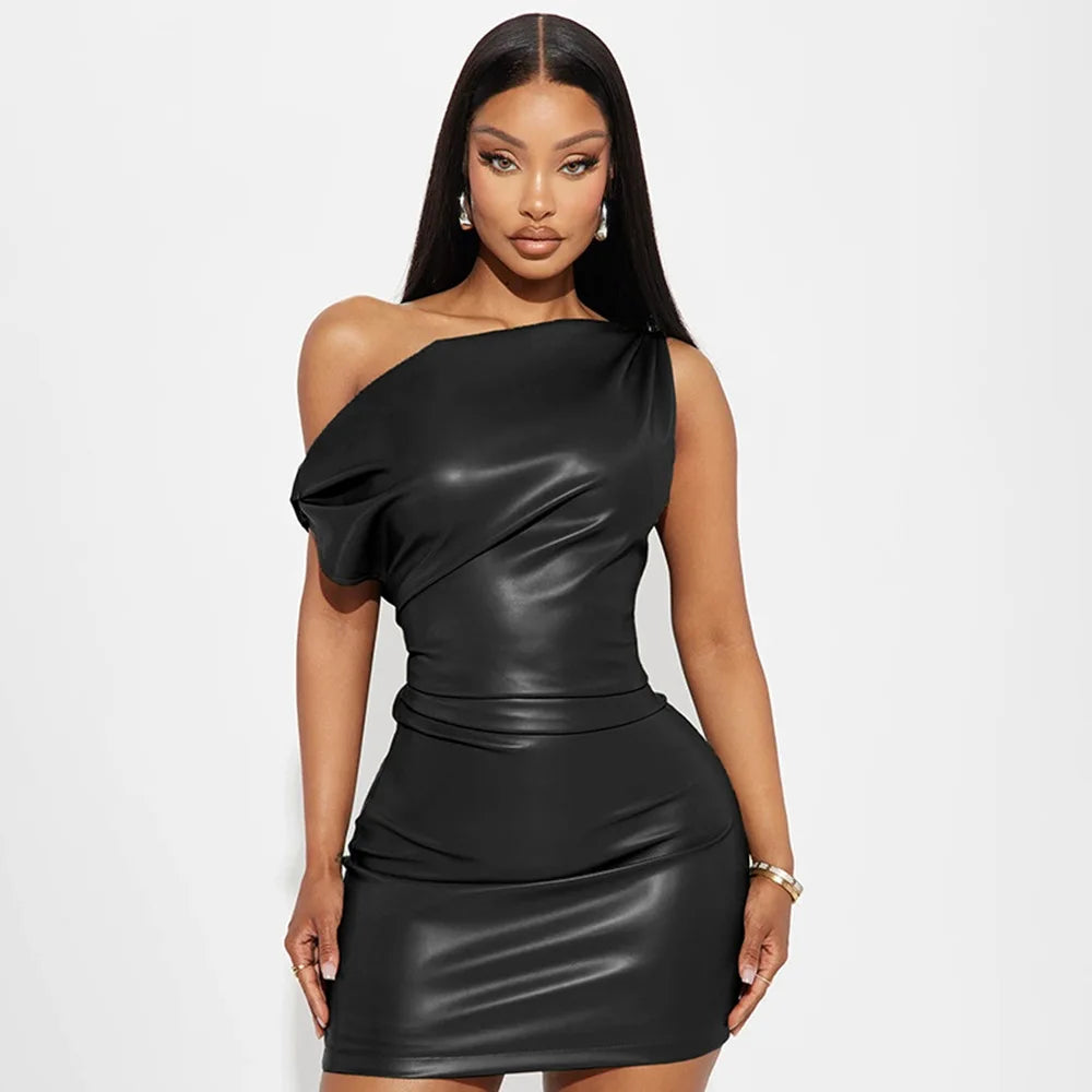 Luxury Leather Strapless Short Dress Chic Womens Summer Sexy Party Waist Curvy Dresses 2025 Evening Red Green Brown Y2K Cocktail