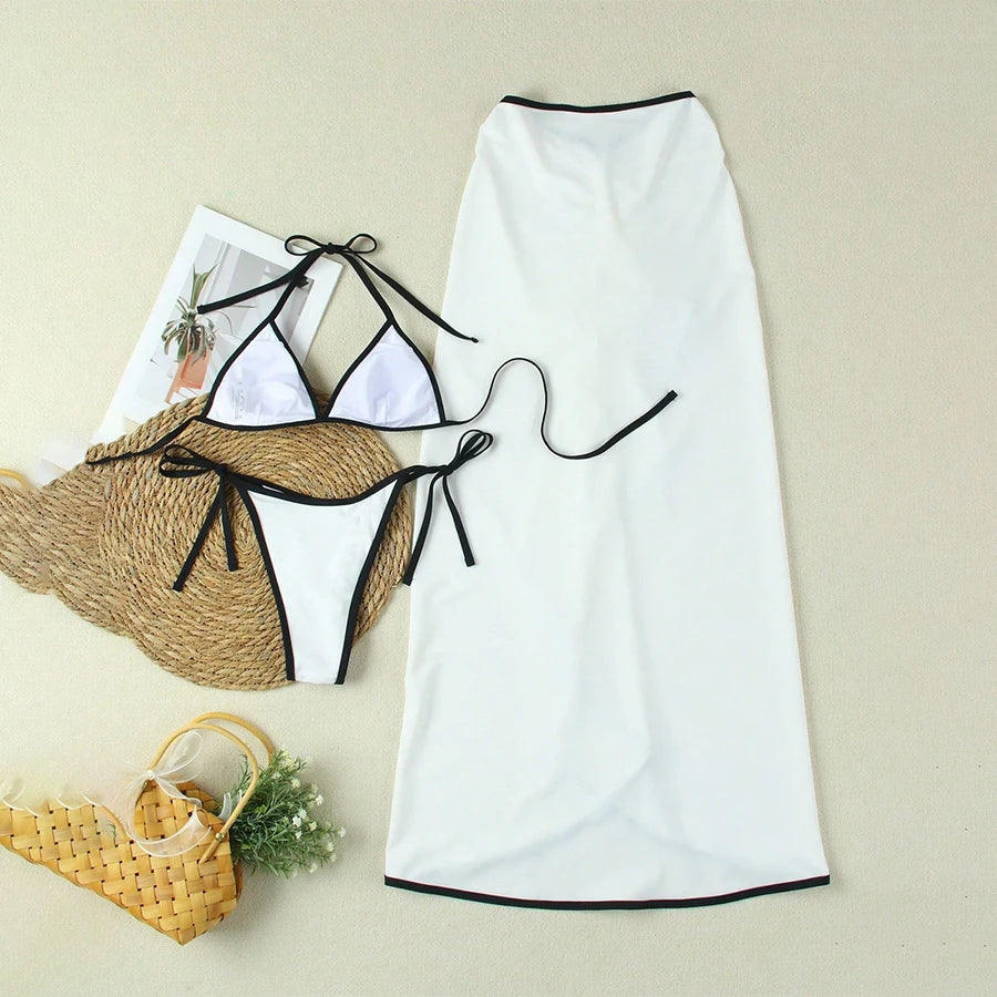 Para Praia Print Three Pieces Bikini Set with Long Skrit 2025 Swimwear Women Sexy Swimsuit Beachdress Bathing Suit Outfits