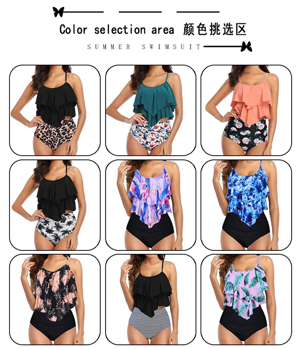 8 Colors Women Ruffled Tankini Set Padded Top With Adjustable Shoulder Straps Elastic Slim Knitted High Waisted Beachwear 2025