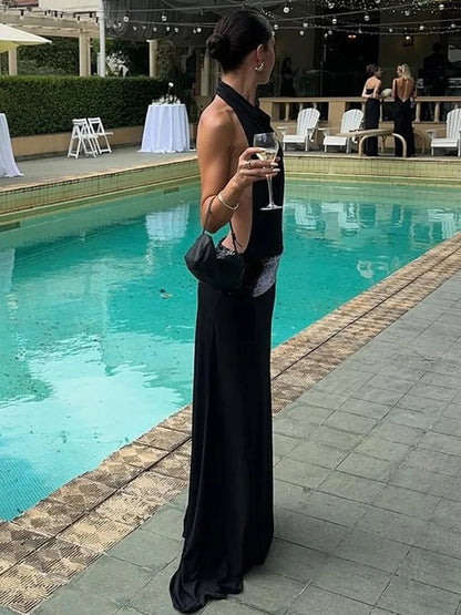 Sisterlinda Backless Fashion Dresses Elegant Halter Patchwork Draped Maxi Bodycon Female Solid Simple Evening Party Frock New