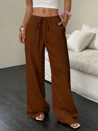Summer 2025 Women's Casual Solid Color Texture Fabric Waist Belted Side Pocket Wide Leg Pants New Cross-Border Style
