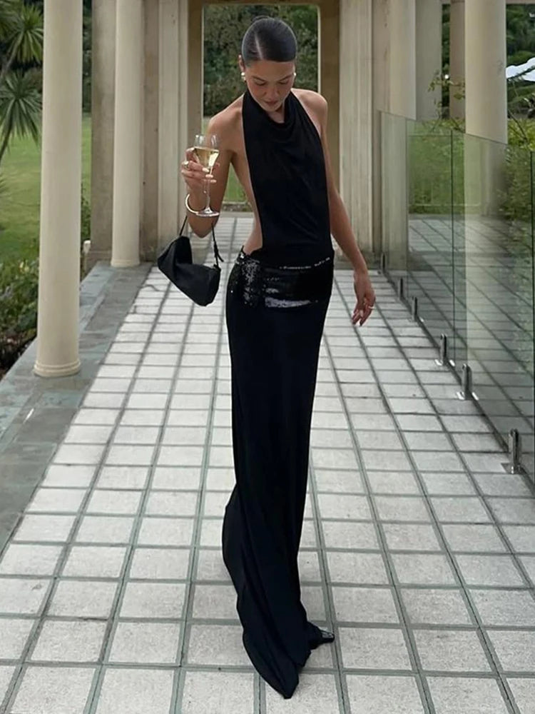 Sisterlinda Backless Fashion Dresses Elegant Halter Patchwork Draped Maxi Bodycon Female Solid Simple Evening Party Frock New