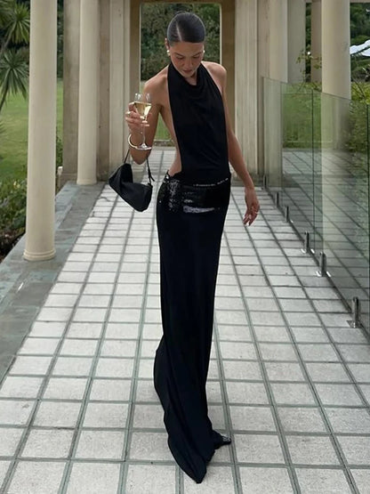 Sisterlinda Backless Fashion Dresses Elegant Halter Patchwork Draped Maxi Bodycon Female Solid Simple Evening Party Frock New