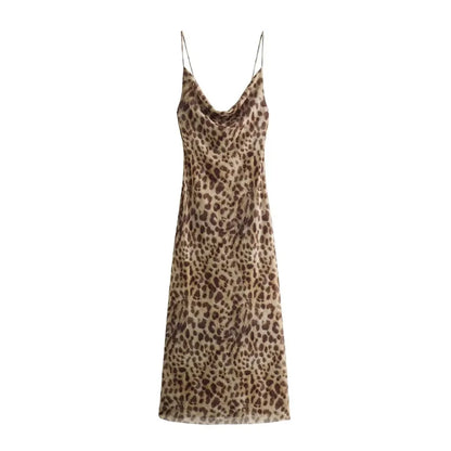 MUJER Leopard Print Tulle Slip Dress Woman Backless Summer Long Dresses For Women Vintage Sexy Party Dresses Midi Holiday Dress