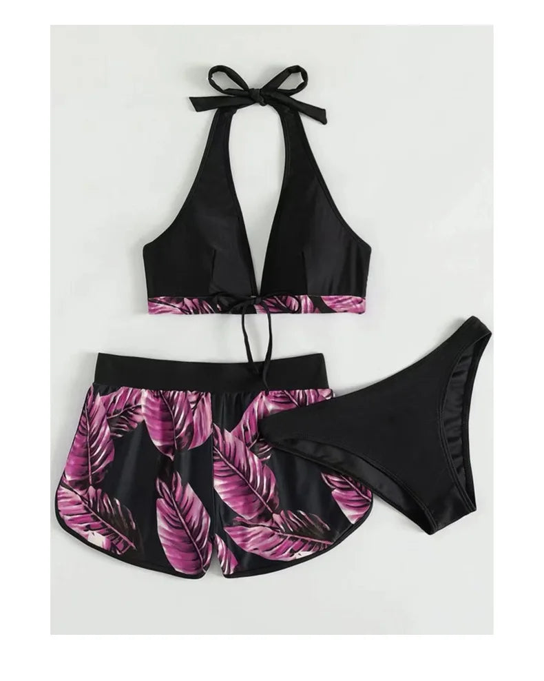 Women 2025 New Bikinis 6 Colors Sexy Halter Bikini 3 Piece Set Leafs Print High Waisted Swimsuit Beach Bathing Suit Size S-XXL