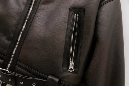 RARF 2024 New Woman's Fashion Thick Warm Faux Shearling Jacket Coat Vintage Long Sleeve Belt Hem Female Outerw