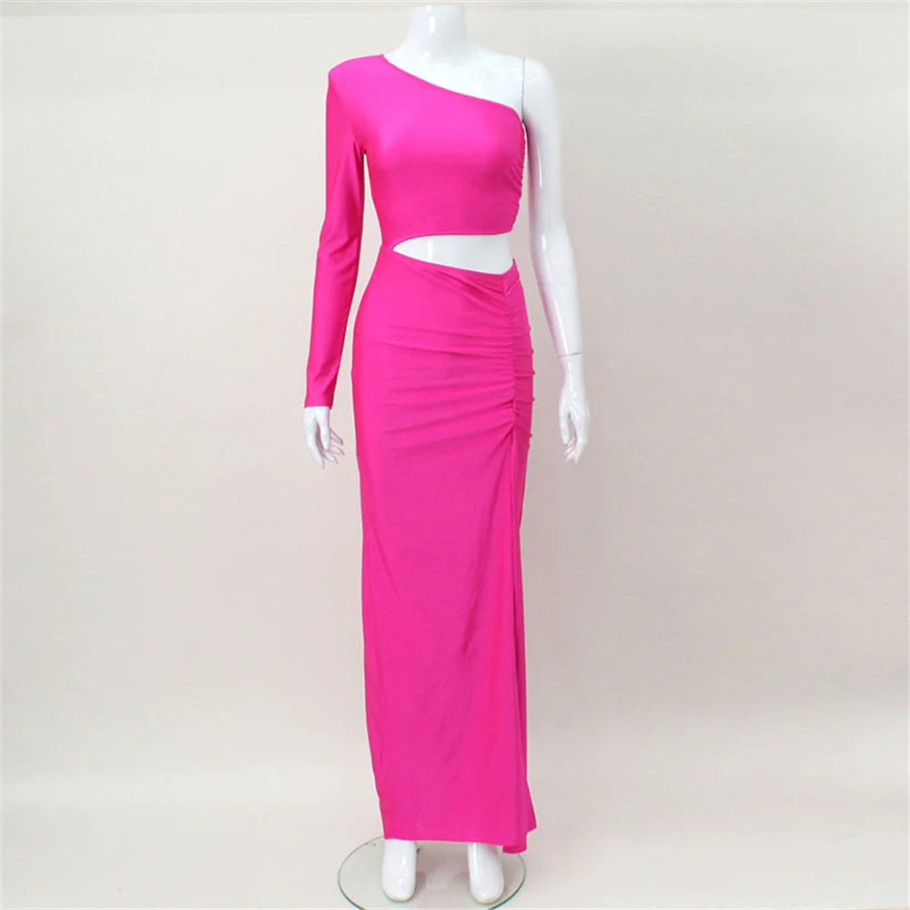 CNYISHE One Shoulder Cut Out Split Ruched Maxi Dress for Women Elegant Party Prom Gown Dresses Woman Sexy Birthday Outfits Robes