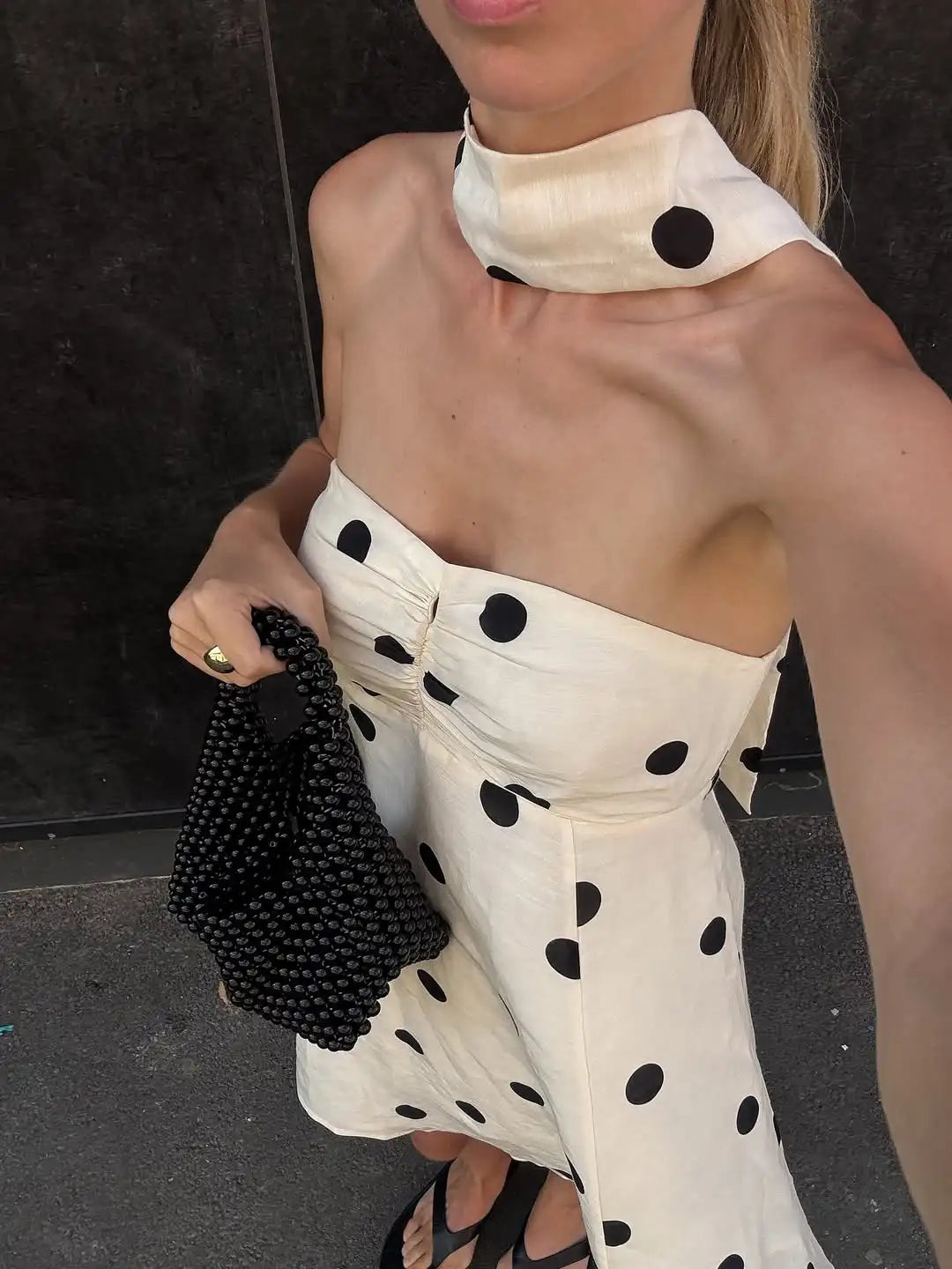 Ticketsx Polka Dot Dress Women's Sexy Scarf One Shoulder Backless Pleated Strapless Mini Dress Female Summer Luxury Loose Dress