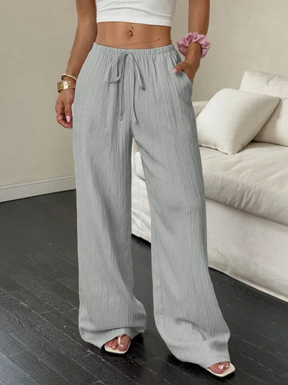 Summer 2025 Women's Casual Solid Color Texture Fabric Waist Belted Side Pocket Wide Leg Pants New Cross-Border Style