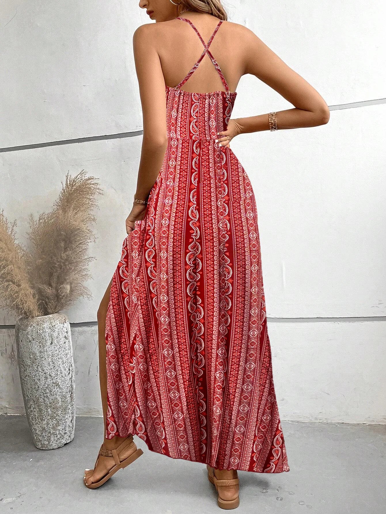 Women's Summer Ethnic Pattern Backless Split Thigh Dress Ladies Summer Clothes Boho Fashion Frill Trim Long Dress for Beach