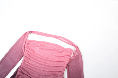 kliou Mesh Simple Women Mini Dress Fashion Solid Strapless Ribbons Tassel Body-shaping Vestidos+Seperately Full Sleeve Gloves