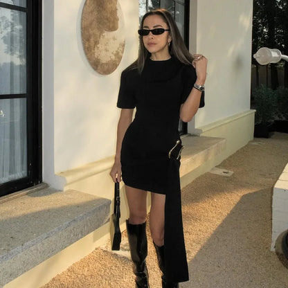 Women's new fashion temperament black metal buckle decoration round neck waist temperament commuter halfsleeved short drees