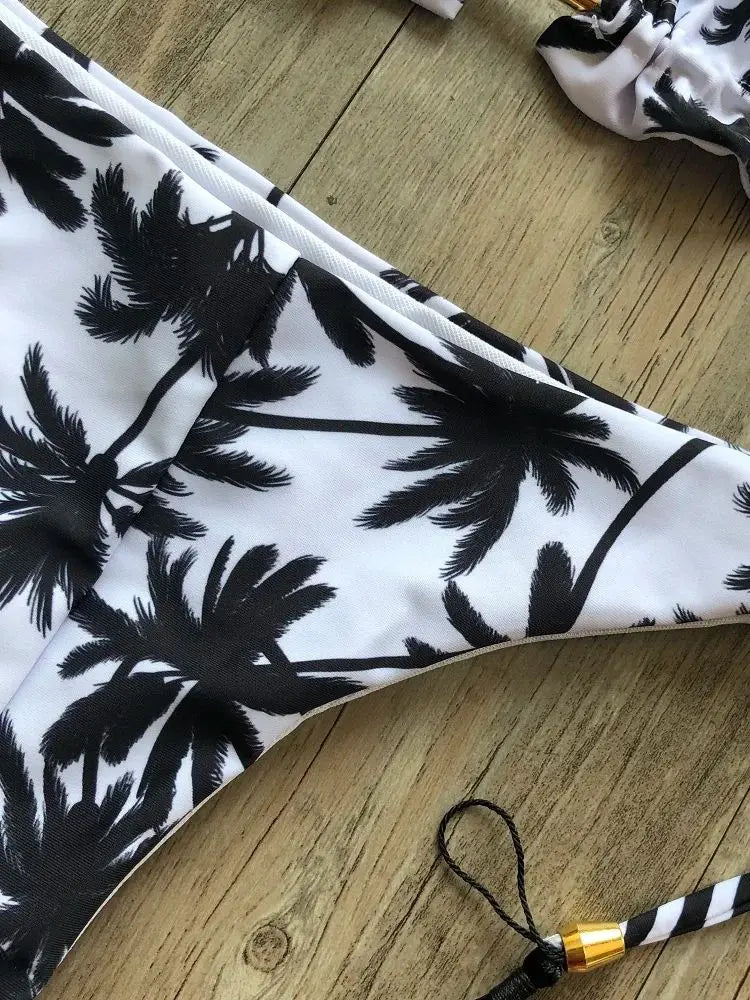 RUOTONSEPT Sexy Black And White Coconut Tree Printed Bikini Sets Women Swimsuit Triangle Halter Swimwear Bathing Suit Brazilian