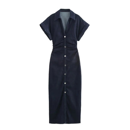 ETJ 2025  Spring New 1975 series denim MIDI dress with lapel side zipper fashion wrinkle waist slim elegant dress