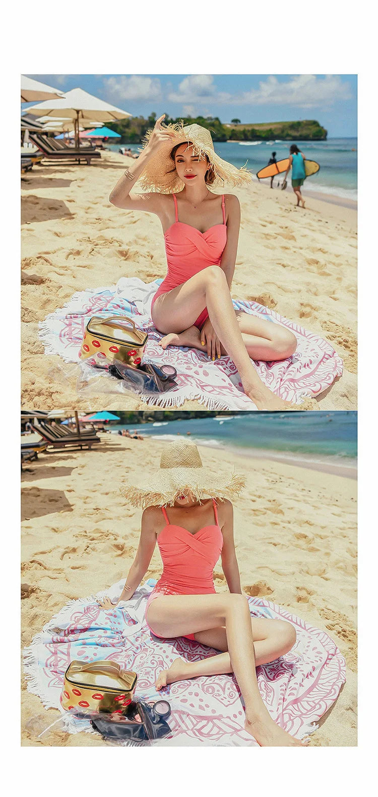 2024 Women One Piece Swimsuit Korean Red Beach Wear Tummy Control Bathing Suit Female Backless Monokini Padded Swimming Pool