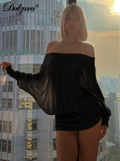 Dulzura Off Shoulder Long Sleeves Ruched Patchwork Mini Dress Women’S Sexy Elegant Casual Outfit Party Clubwear Spring Summer