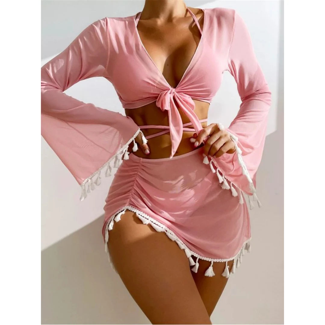 S - XL With Tassel Skirt Long Sleeve Bikini Women Swimwear Female Swimsuit Four-pieces Bikini set Bather Bathing Suit Swim V7060