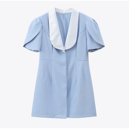 Elegant Lapel Short Sleeve High Waist One Button Dresses Fashion Bodycon Mini A-line Dress Summer New Lady Street Party Vestidos