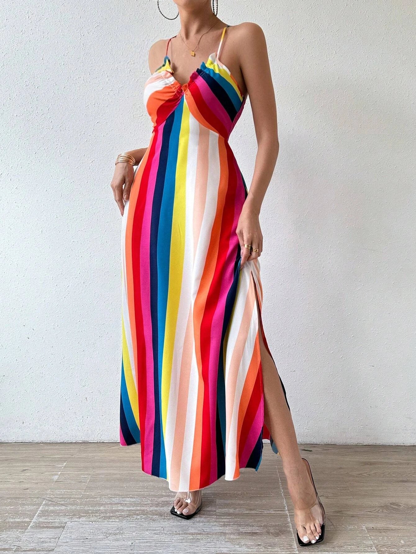 Women's Summer Ethnic Pattern Backless Split Thigh Dress Ladies Summer Clothes Boho Fashion Frill Trim Long Dress for Beach
