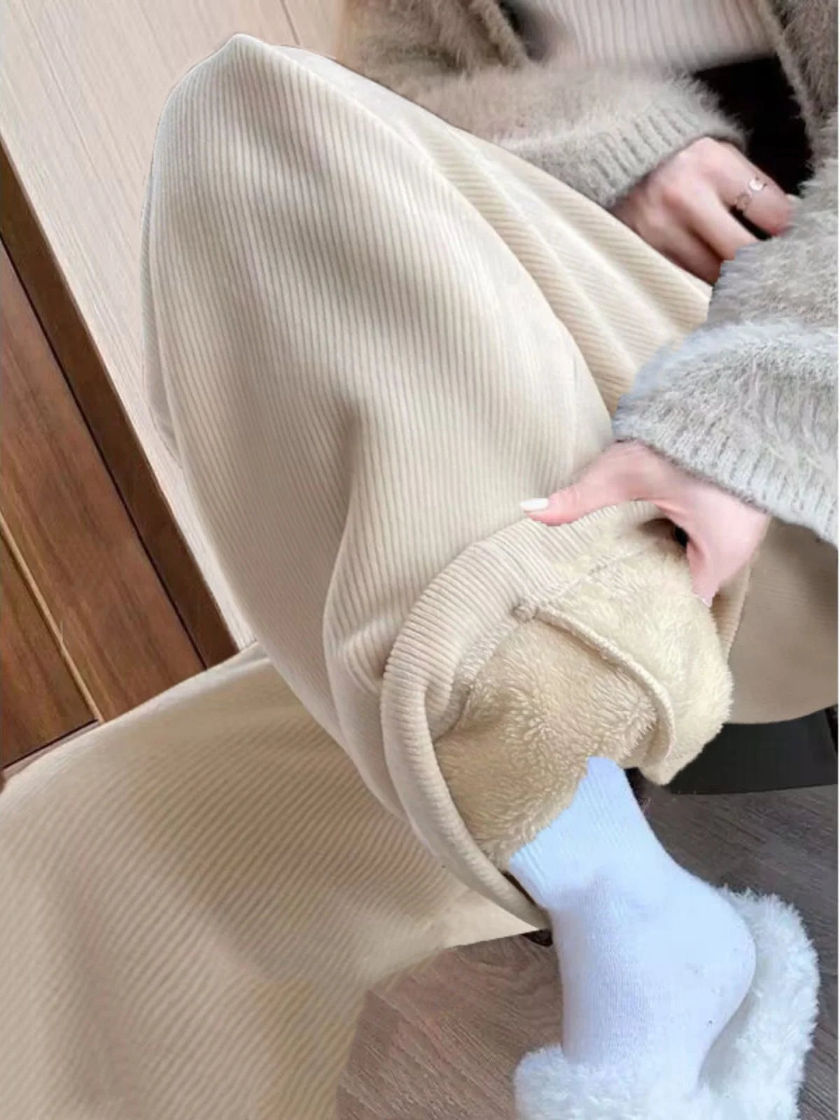 High Waist Wide Leg Pants Women's Autumn Winter Flannel Fce Lined Straight Cut Trousers Casual High Waist Pants