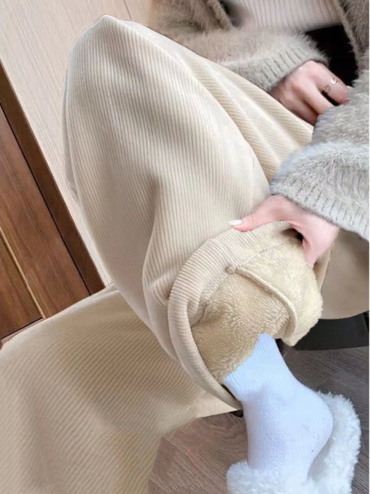 High Waist Wide Leg Pants Women's Autumn Winter Flannel Fce Lined Straight Cut Trousers Casual High Waist Pants